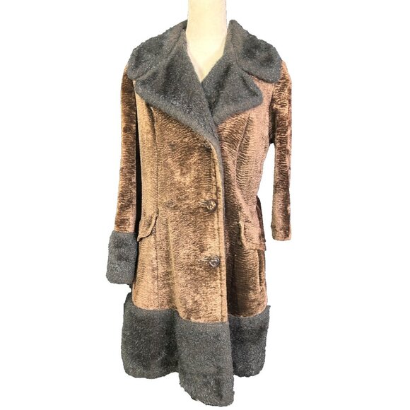 VINTAGE 60'S FAUX FUR COAT BROWN SIMULATED PERSIAN LAMB FAUX TRIM - Picture 1 of 11
